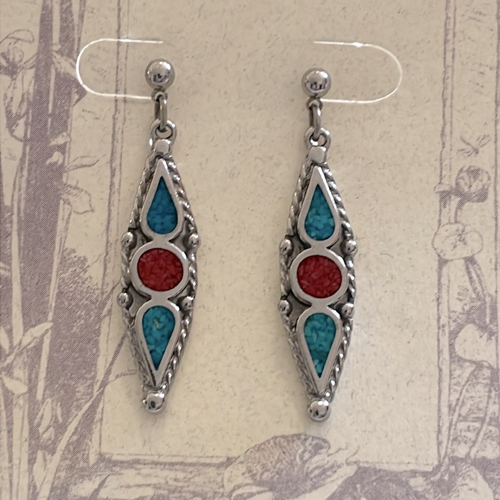 COP Southwest Style Vintage Pierced Earrings with Inlay Turquoise and Coral